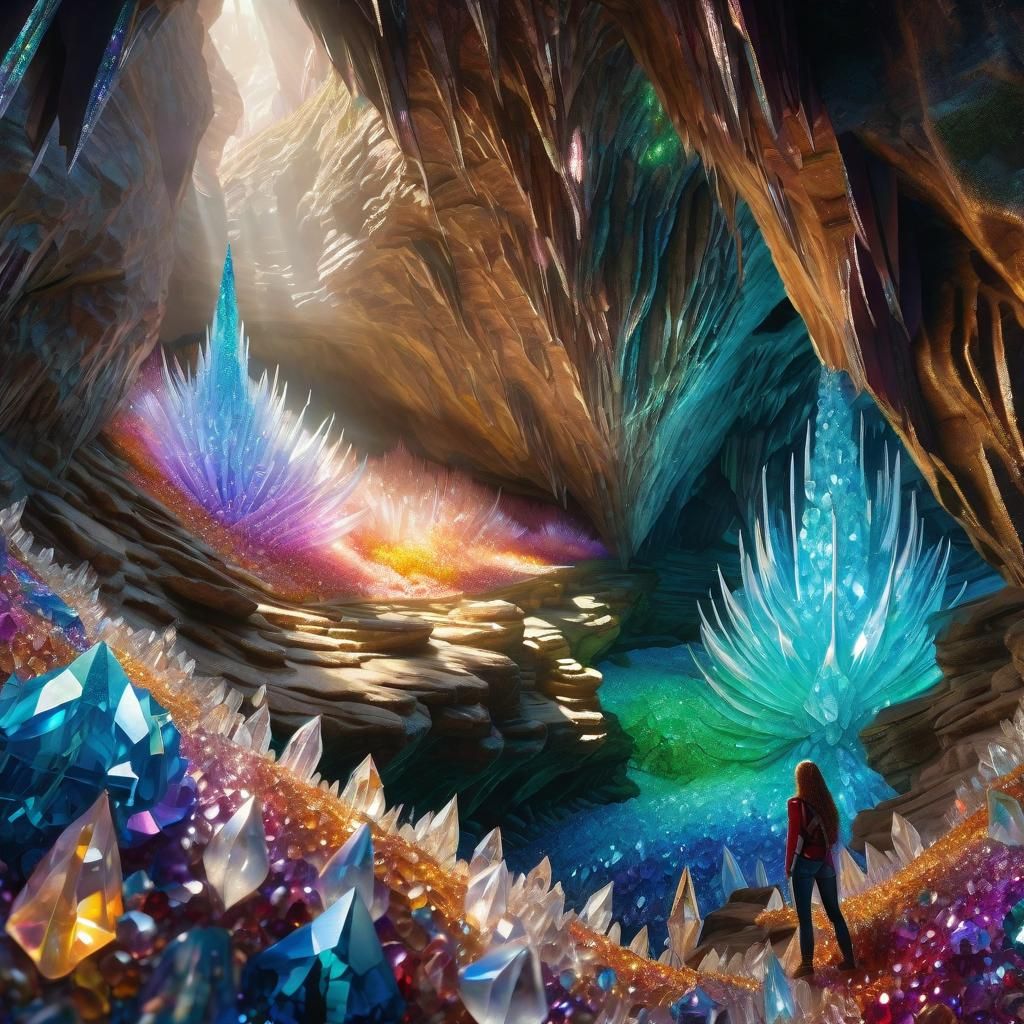 Adventurer Discovers Crystal Cave: Hyperrealistic Digital Ar...