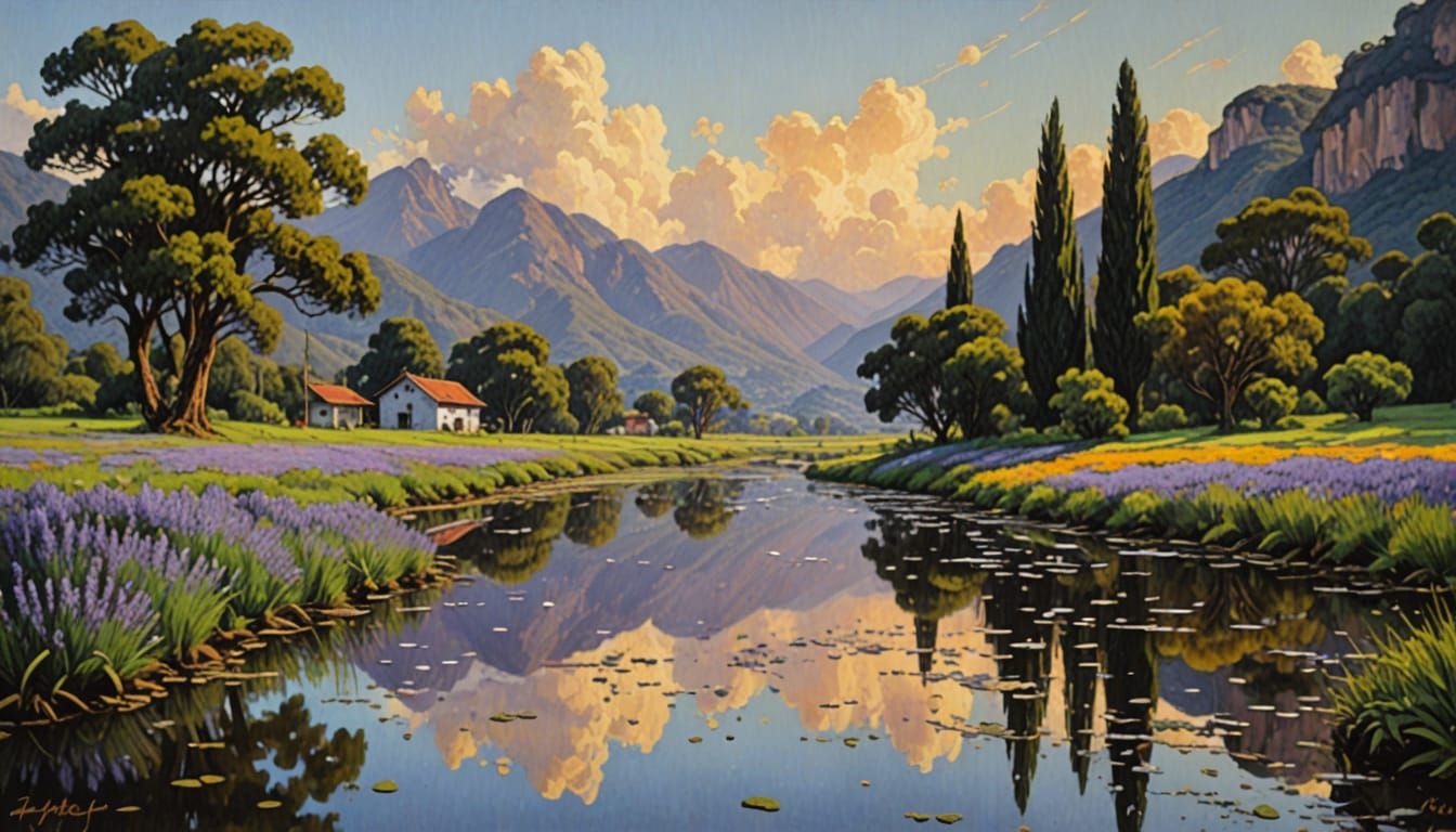 Serene Windmill Landscape with Mountains and Flowers