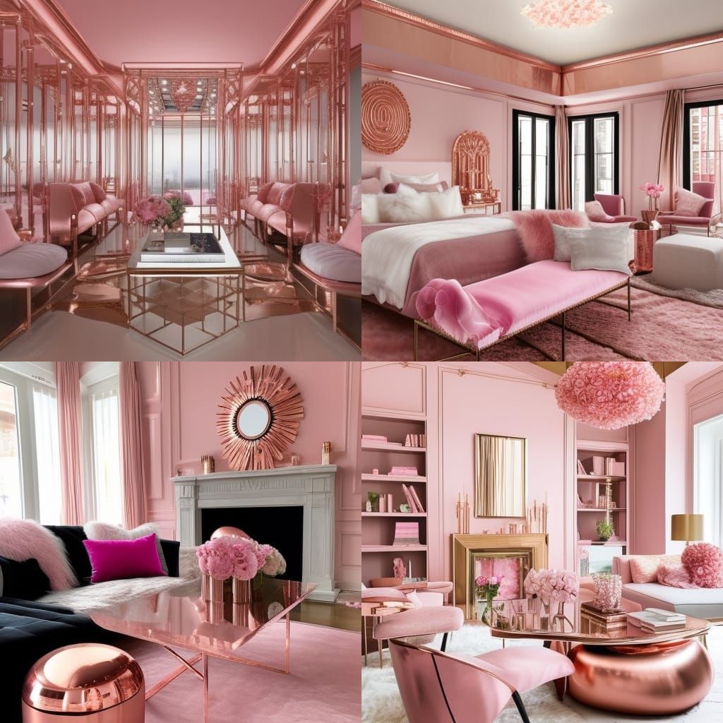 Shimmery pink penthouse with rose gold frames& rose gold ceiling& pearlescent pink floors& shimmery pink furniture& Rose...