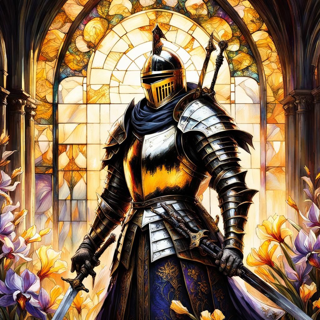 Gothic Knight in Floral Field Under Sunlight