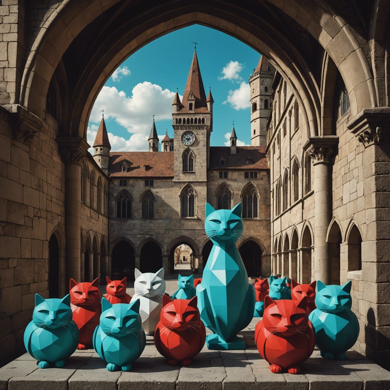 Cats in a Colorful Clockpunk Cityscape