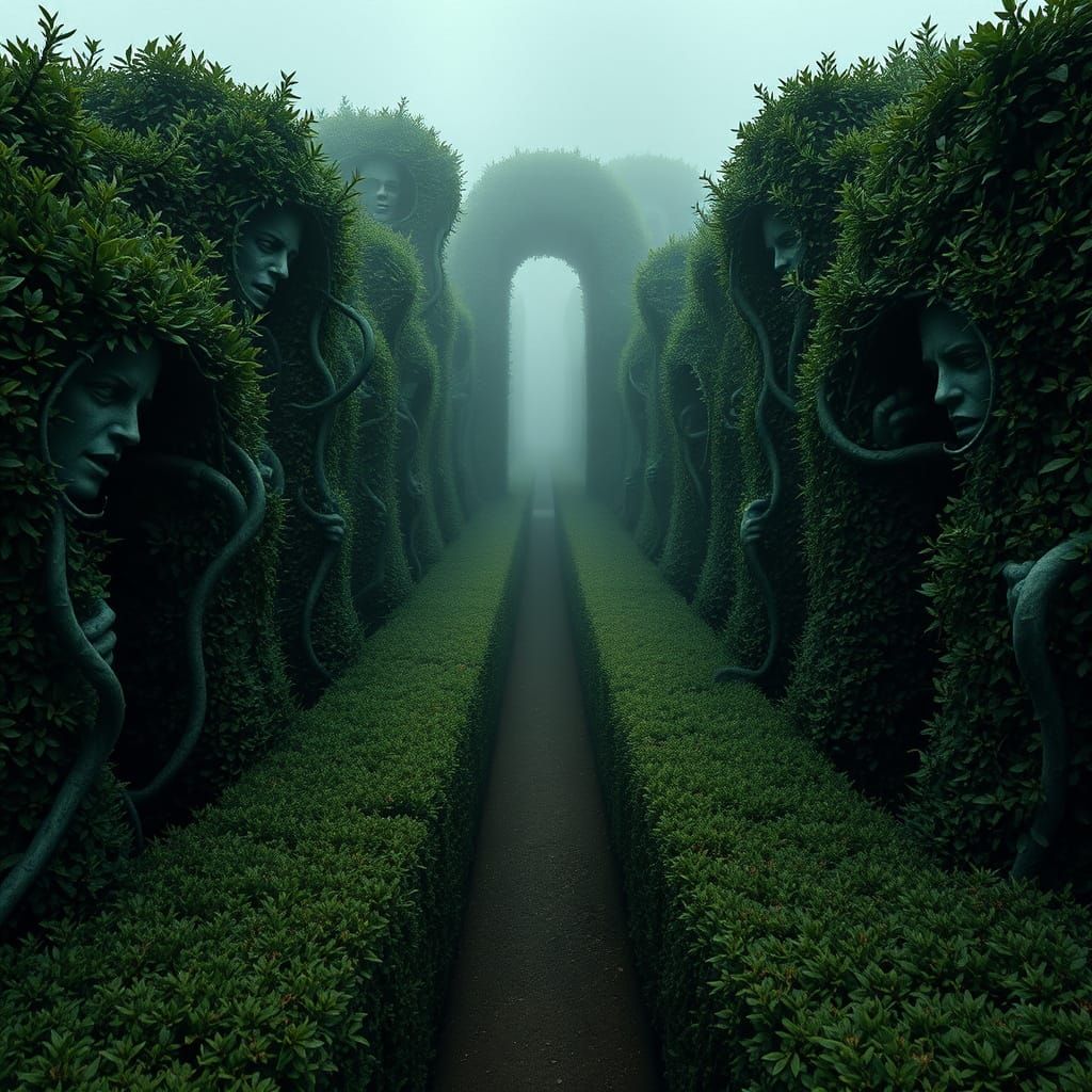 Gothic Horror Hedge Maze with Screaming Statues