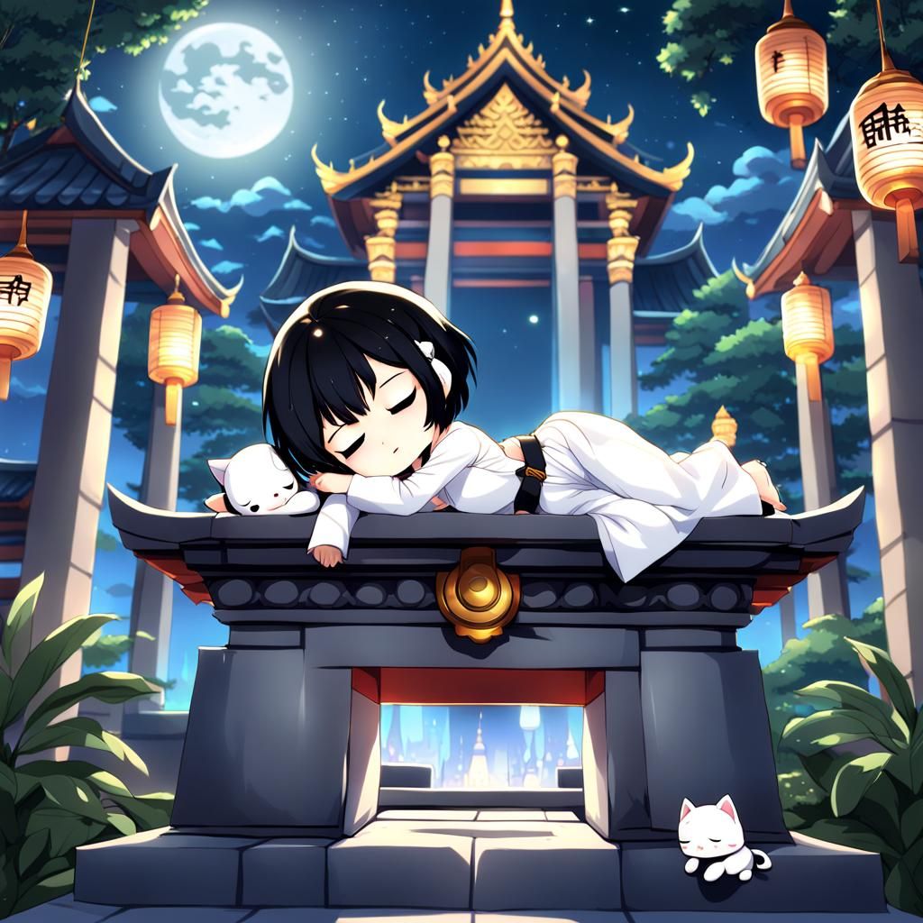 Chibi Girl Sleeping in Thailand Temple at Night