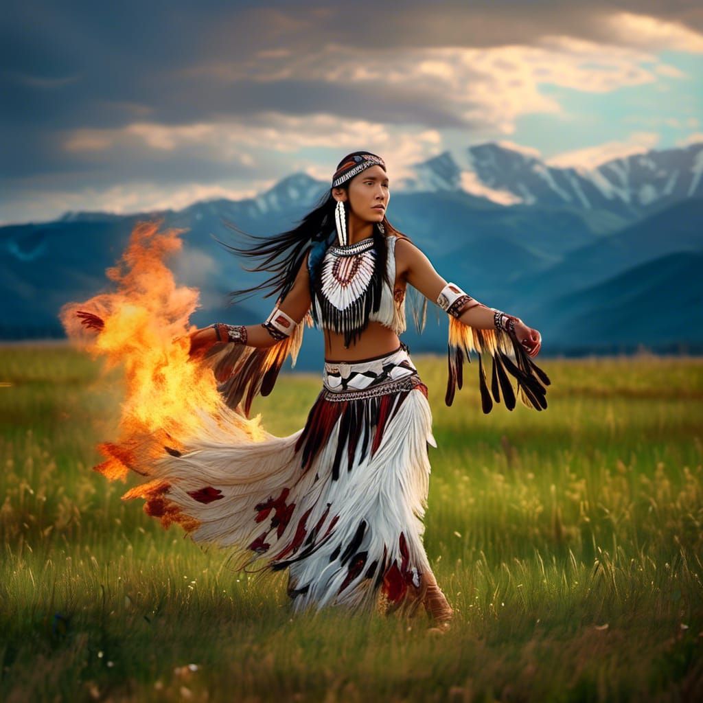 Native American Woman Dancing by Bonfire