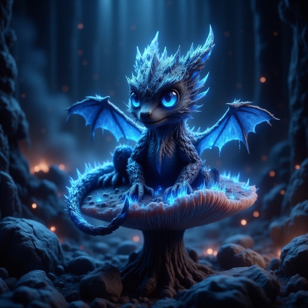 Cute Miniature Dragon on Bioluminescent Mushroom