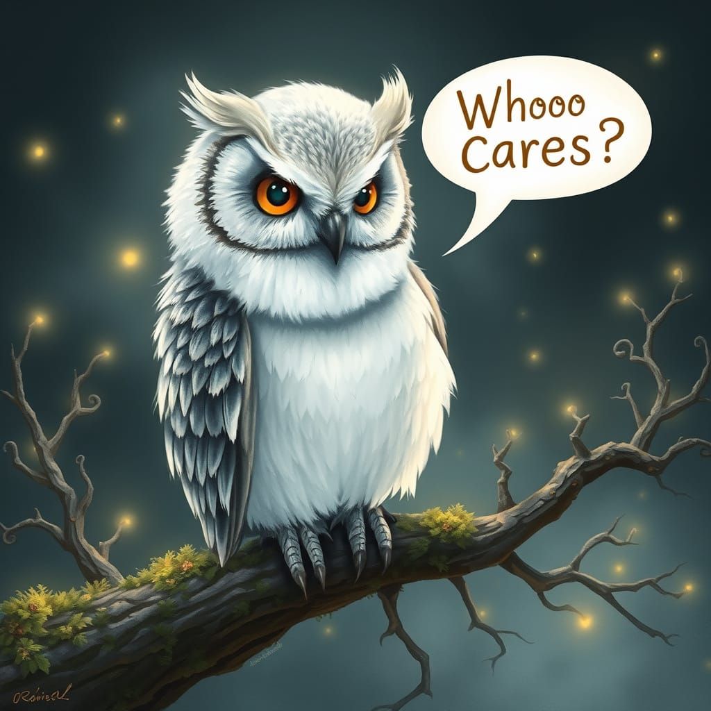 Whimsical Owl with Speech Bubble, Surrounded by Mystical Sil...