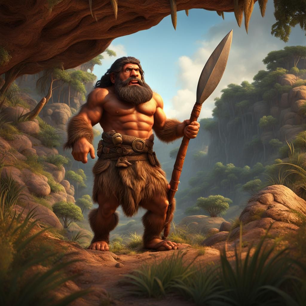 Cartoon Caveman Discovering Computer in 3D