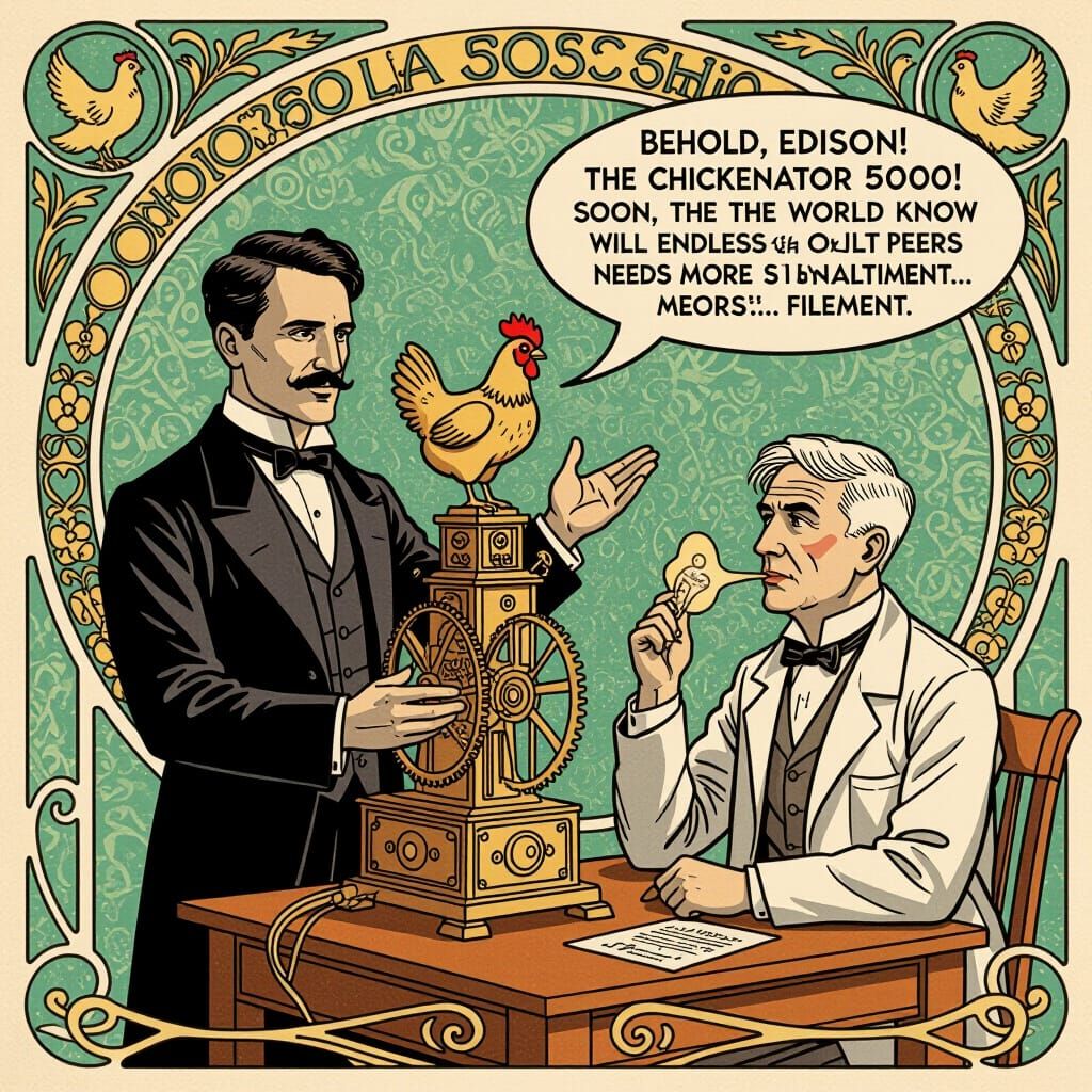 Art Nouveau Comic: Tesla's Chickenator vs Edison's Lightbulb