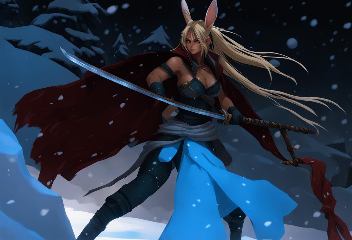 Female Viera Katana Warrior in Winter Landscape