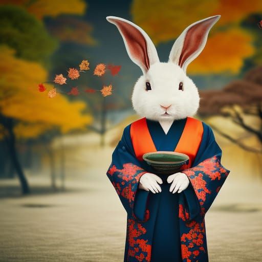 Rabbit-Headed Shinto Priest at Autumn Temple
