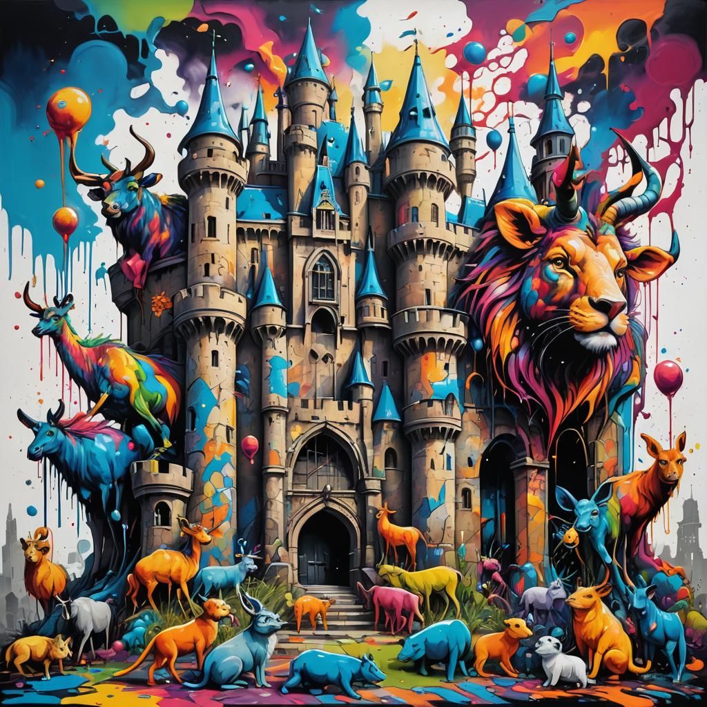 Surreal Animal-Castle Hybrids in Graffiti Art Style