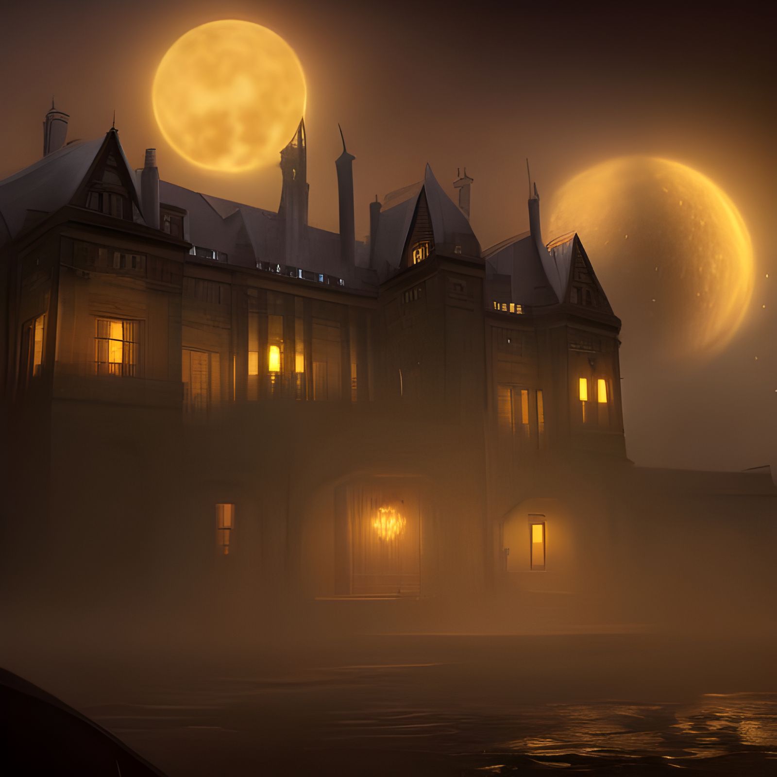 Eerie Mansion with Devil Moon: Fantasy Concept Art