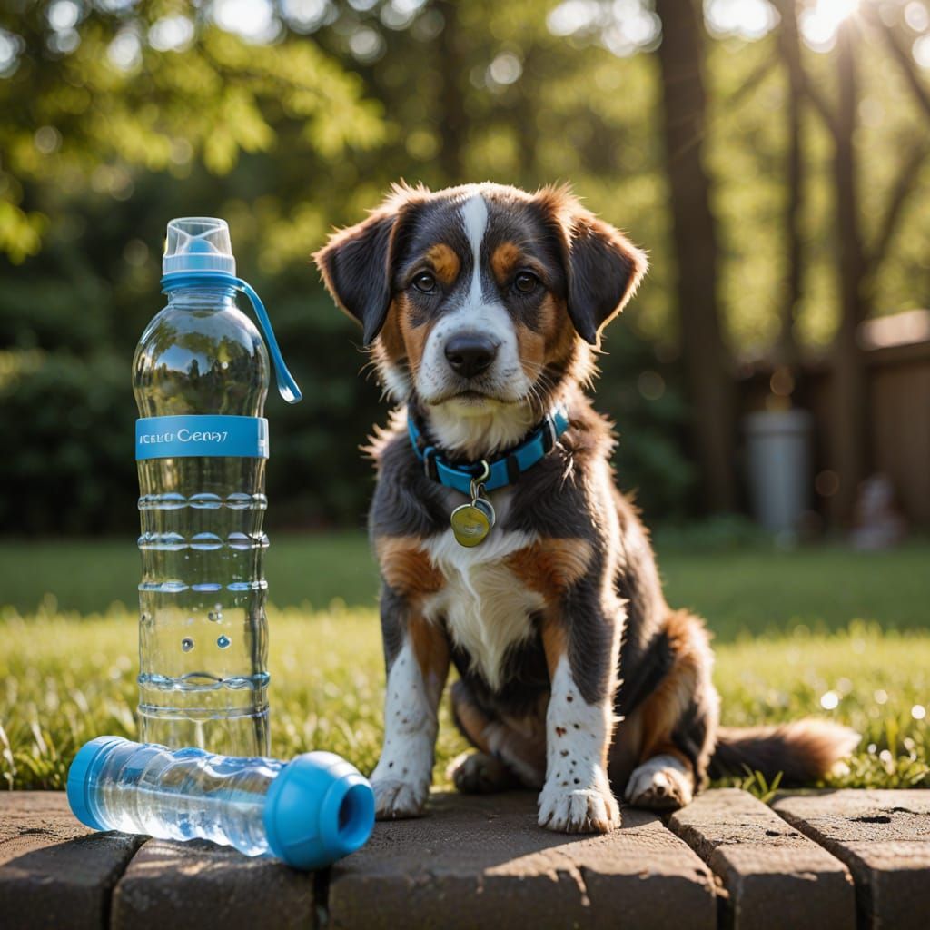 Still life, dog toy, lead, bottle of water