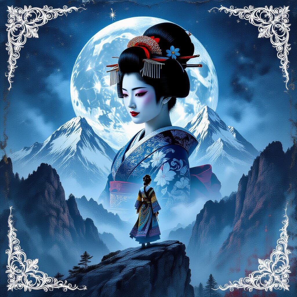Geisha and Mongolian Princess Double Exposure in Impasto Oil...