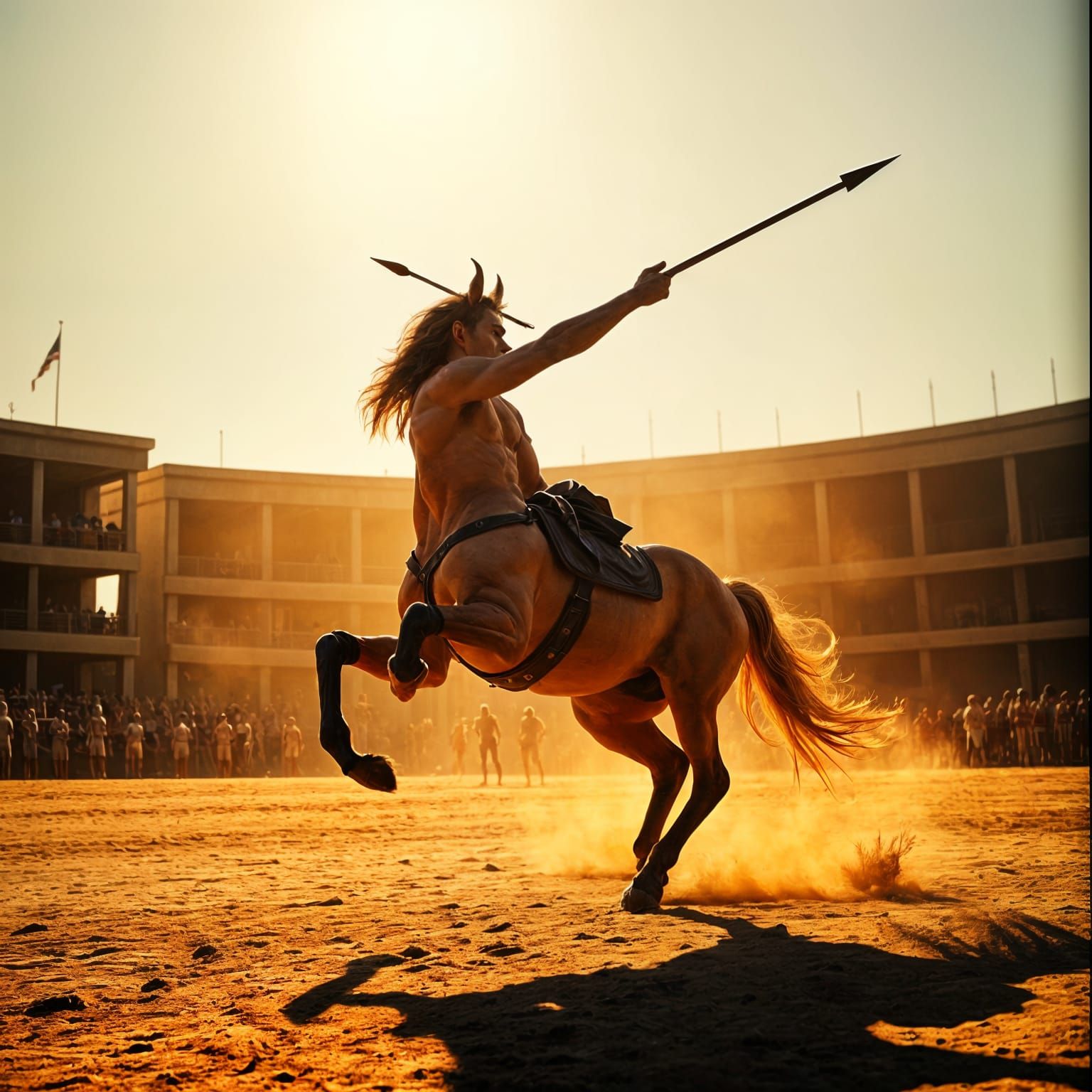 Epic Centaur Throwing Spear in Dramatic Cinematic Style