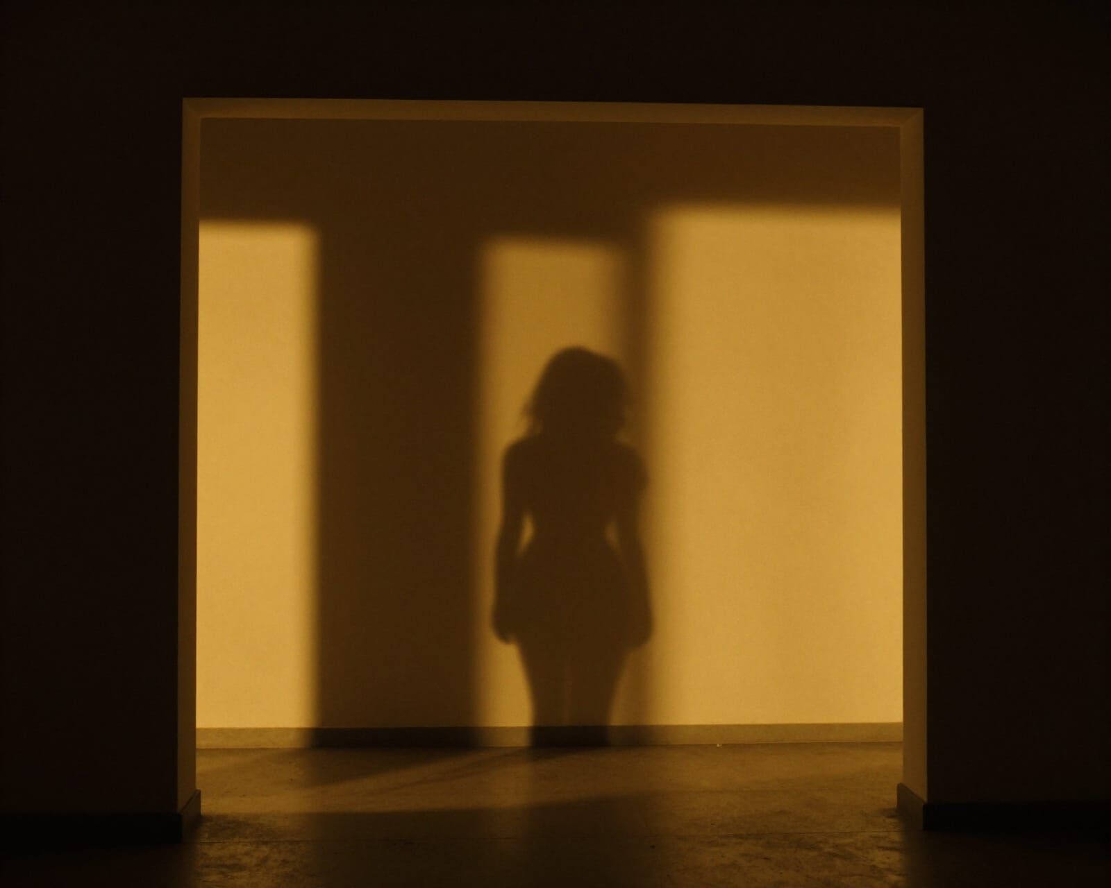 Golden Light Shapes Woman's Shadow in Minimalist Dark Room