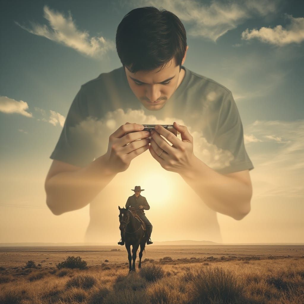 Harmonica Player in Surreal Landscape