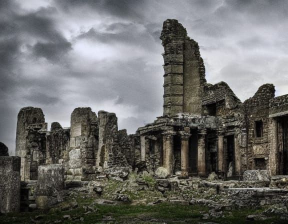 Dragon Sleeps in Ancient Ruins: Dark Fantasy Art