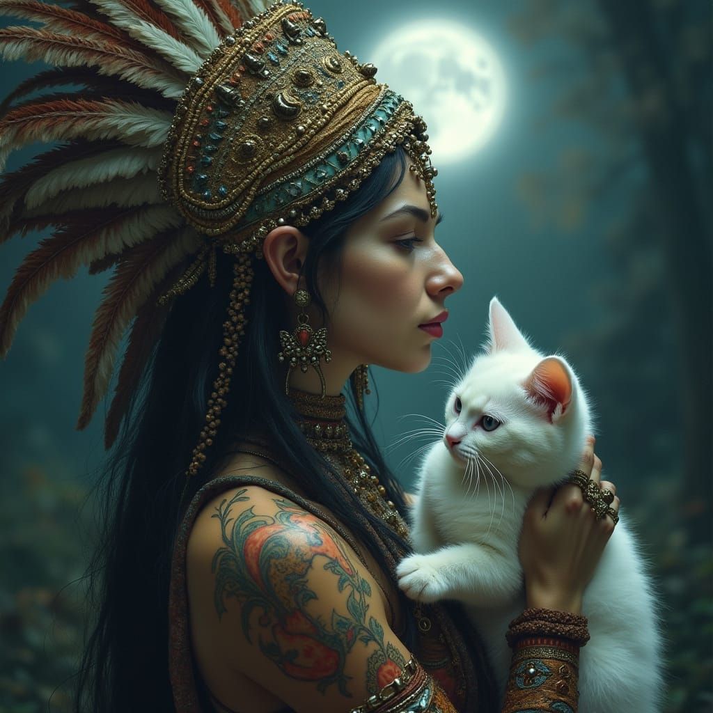 Mystical Shaman Bust Portrait with White Cat