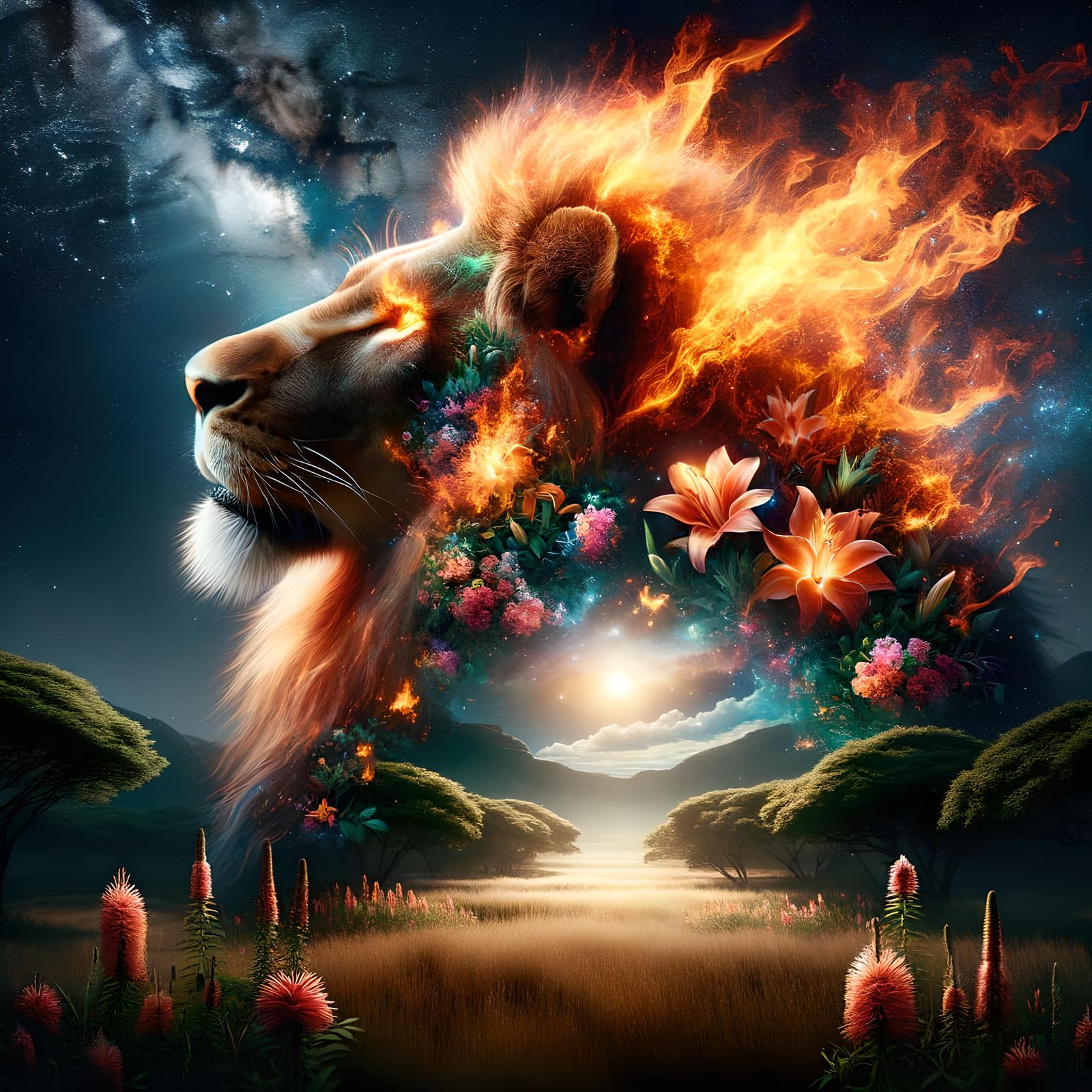 Fiery Lion Double Exposure: African Savannah Concept Art