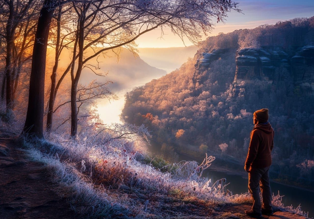 Ohio National Park Hiker at Frosty Sunrise