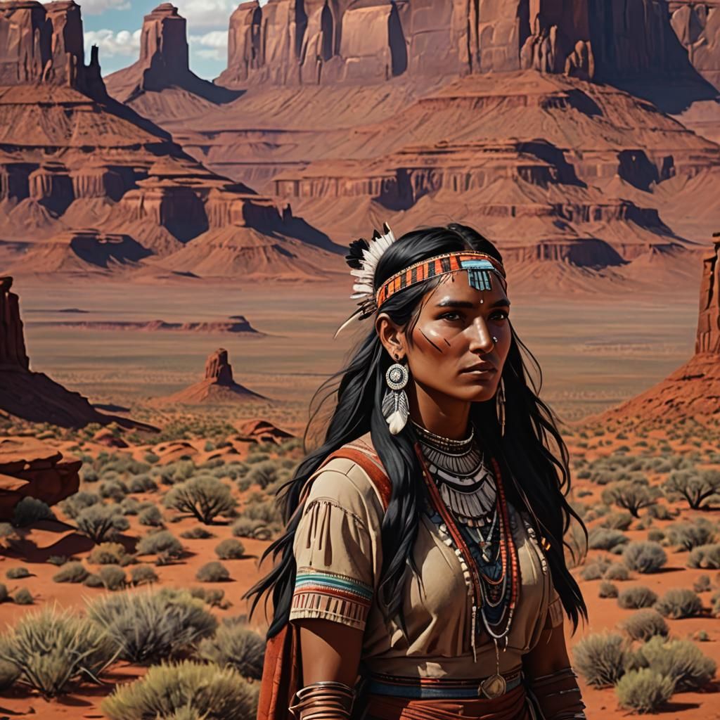 Sioux Woman Portrait in Monument Valley, Detailed Matte Pain...