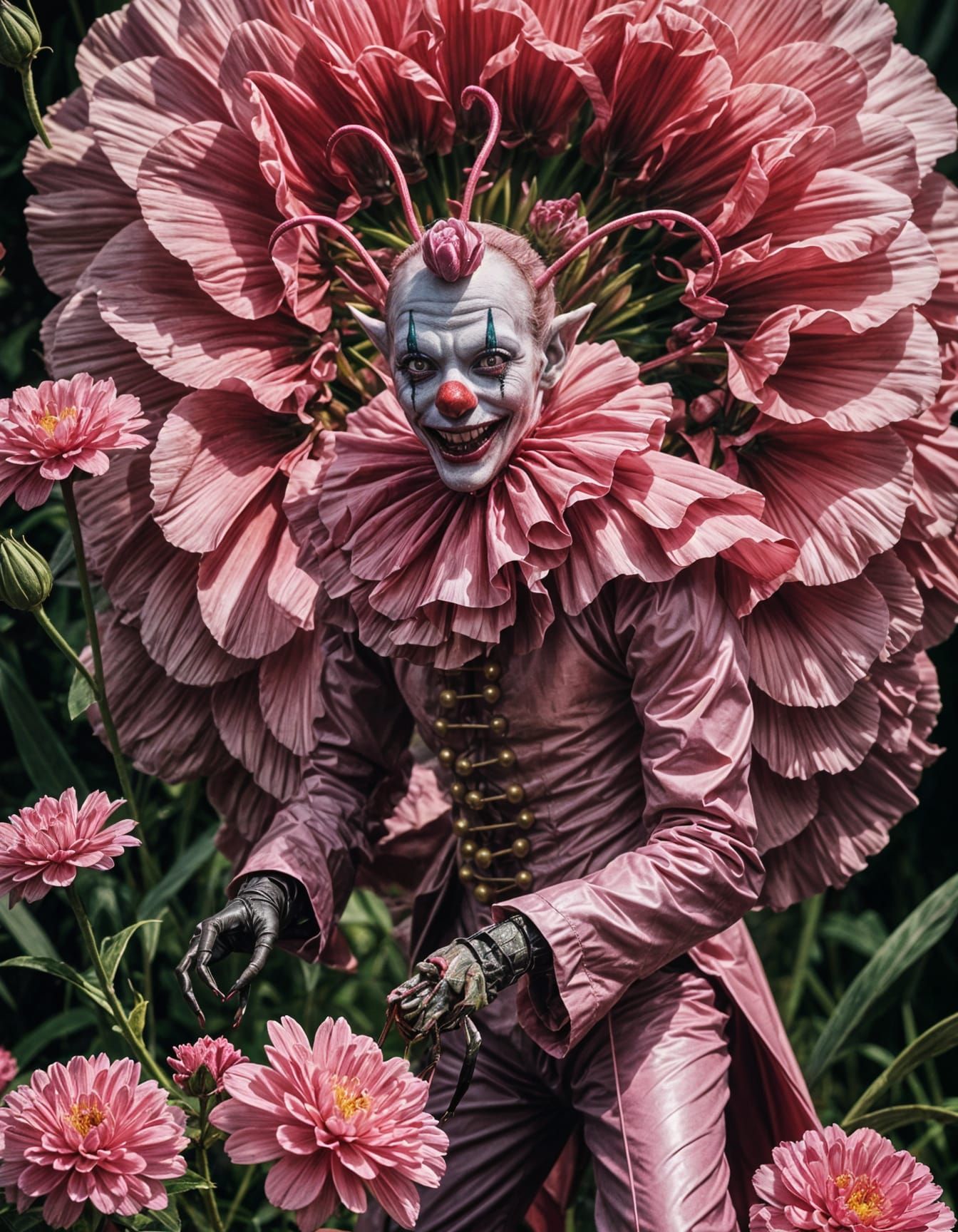Baroque Mantis Clown in Pink Flower, Cinematic Still