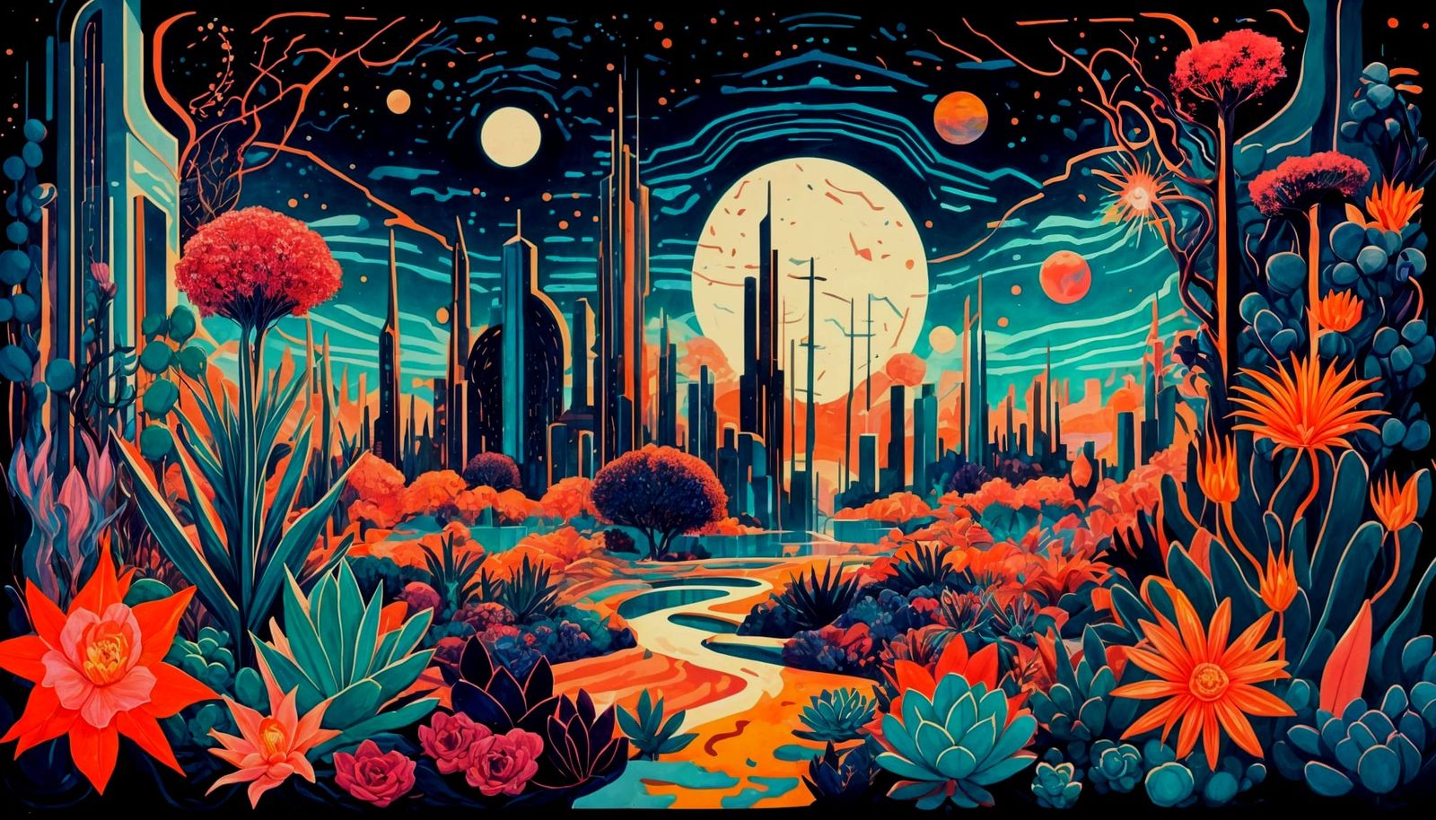 Retro-Futuristic Cityscape with Cosmic Star Garden