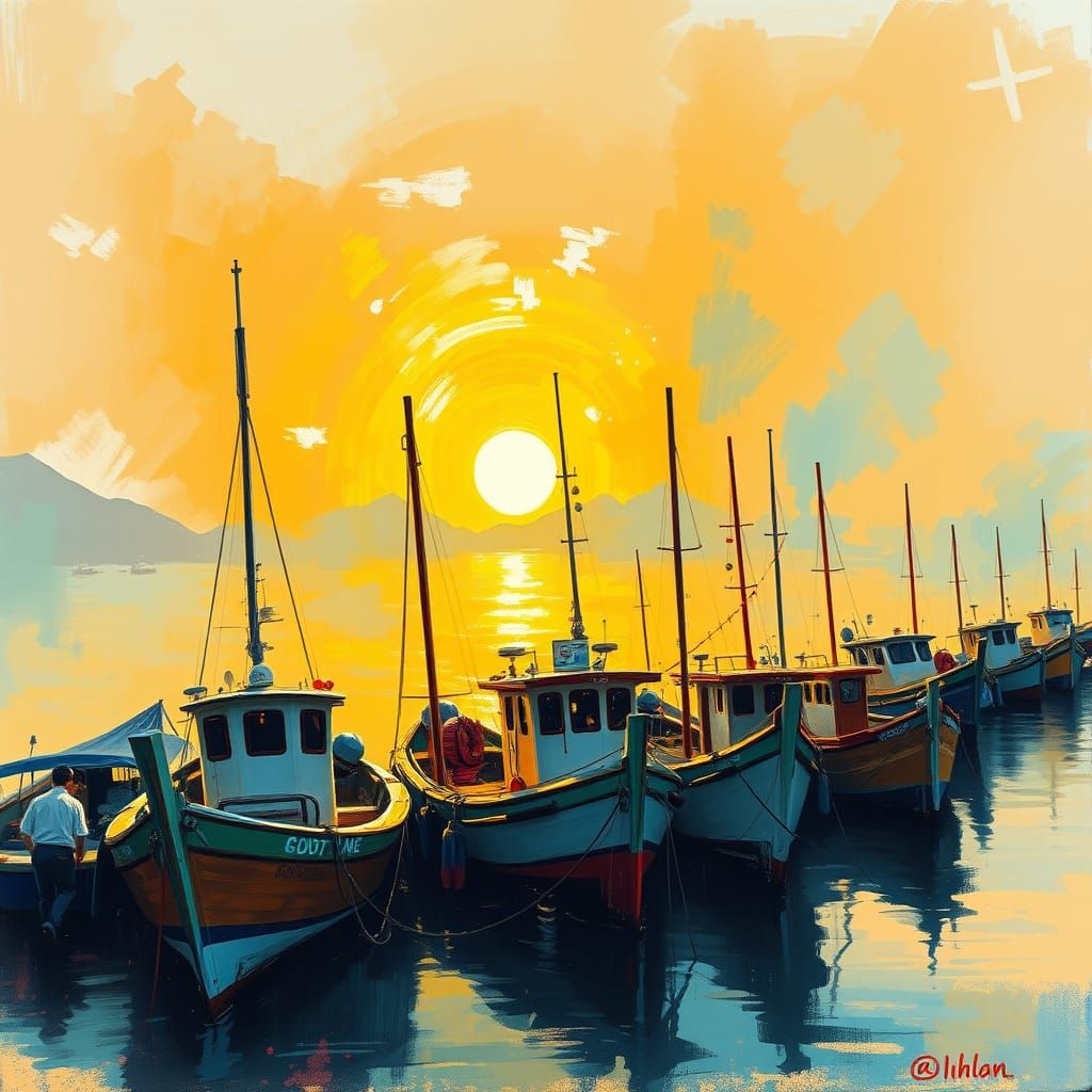 Tranquil Harbor Sunrise with Fishing Boats