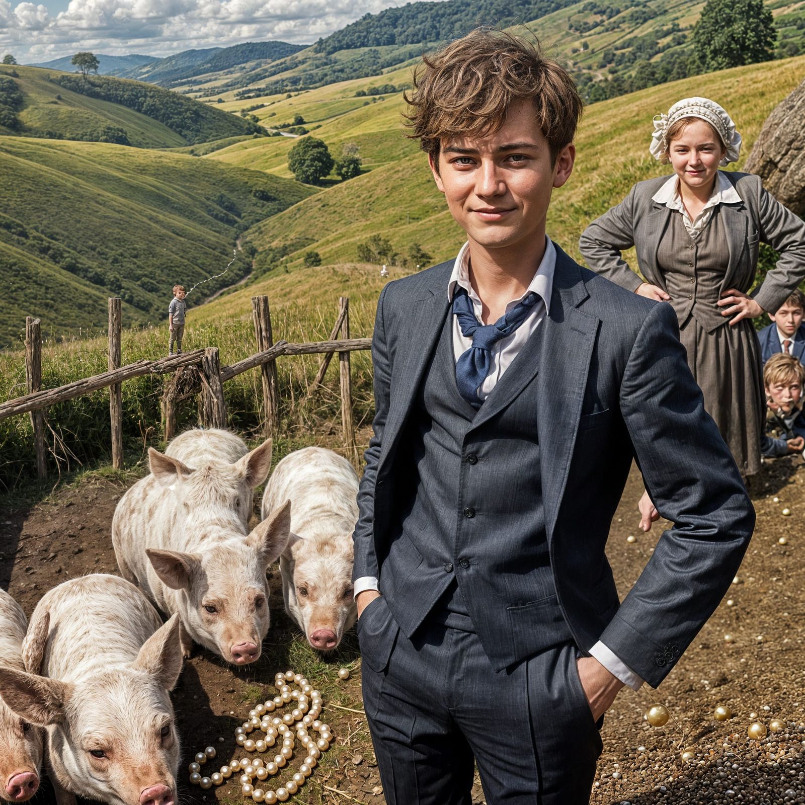 Handsome Youth Throws Luxurious Pearls at Muddy Pigs in a Co...