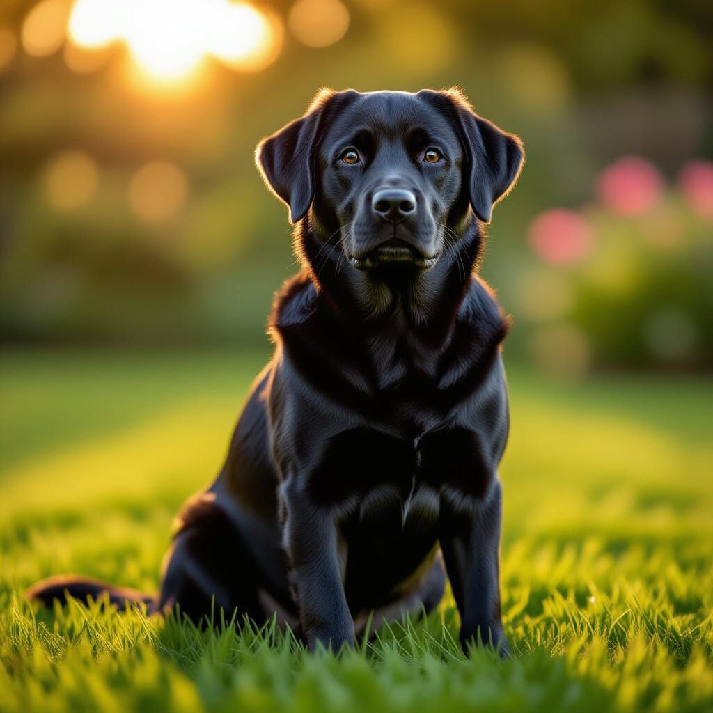 Handsome Black Labrador on Sunny Lawn