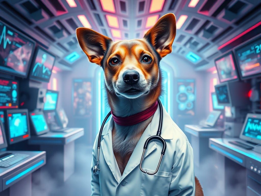 Doctor Dog in a Futuristic Medical Lab