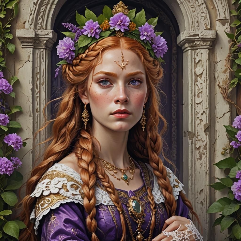 Baroque Ginger Goddess with Braids and Flowers