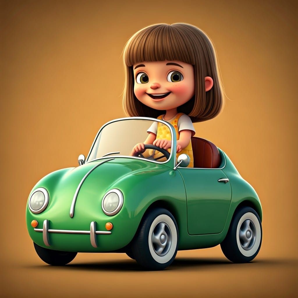 Whimsical 3D Girl in a Shiny Green Car