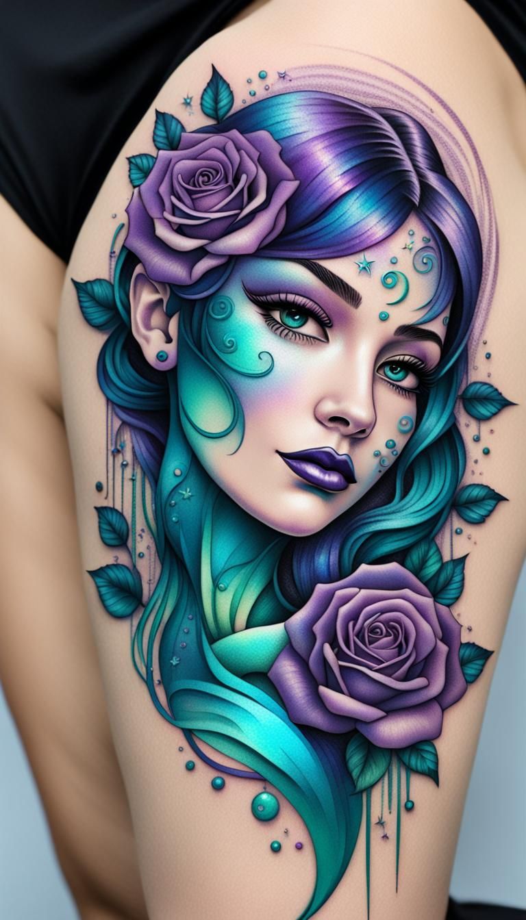 Purple and teal iridescent image of an airbrushed tattoo wom...