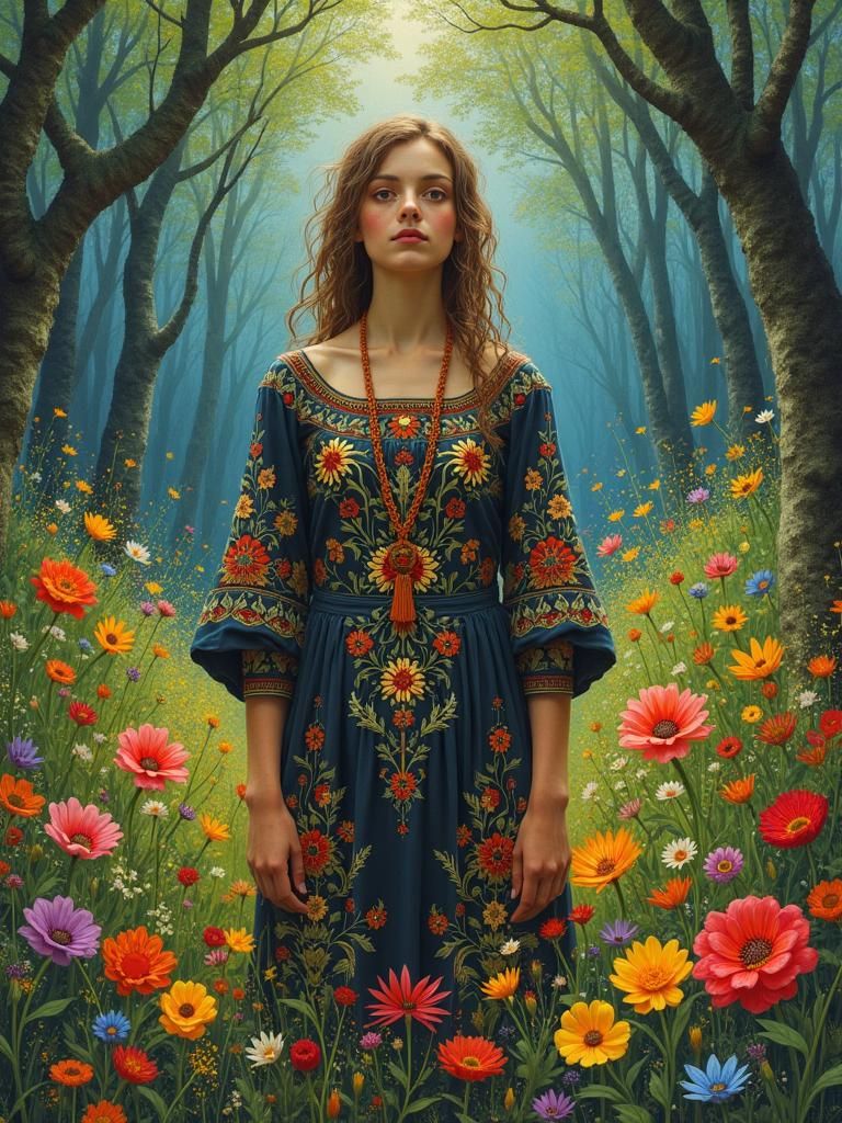 Woman in Floral Tunic Amidst Surreal Forest, in Fauvist Styl...