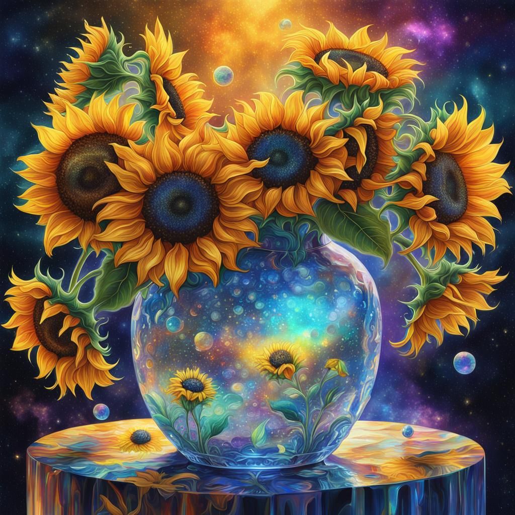 Sunflowers in Crystal Vase: Holographic Astral Illustration