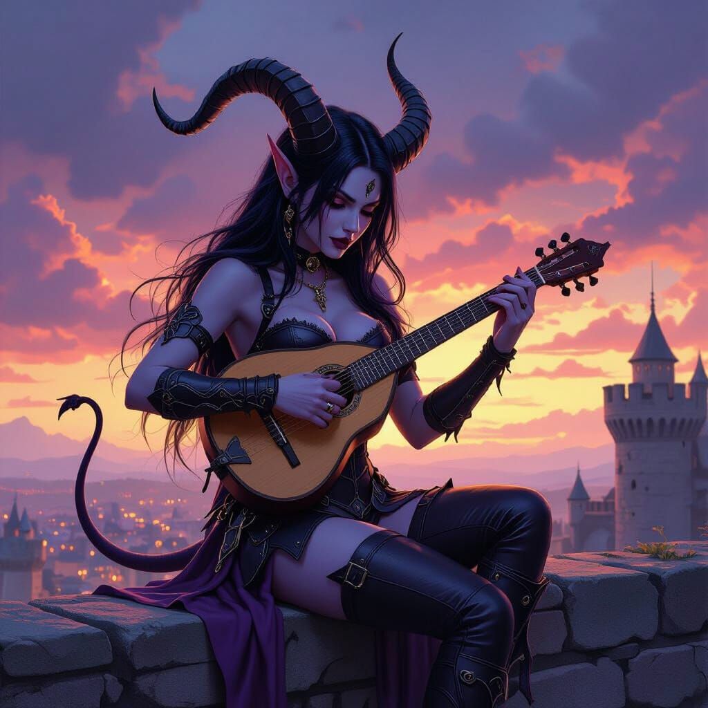 Purple Demon Plays Lute on Castle Wall