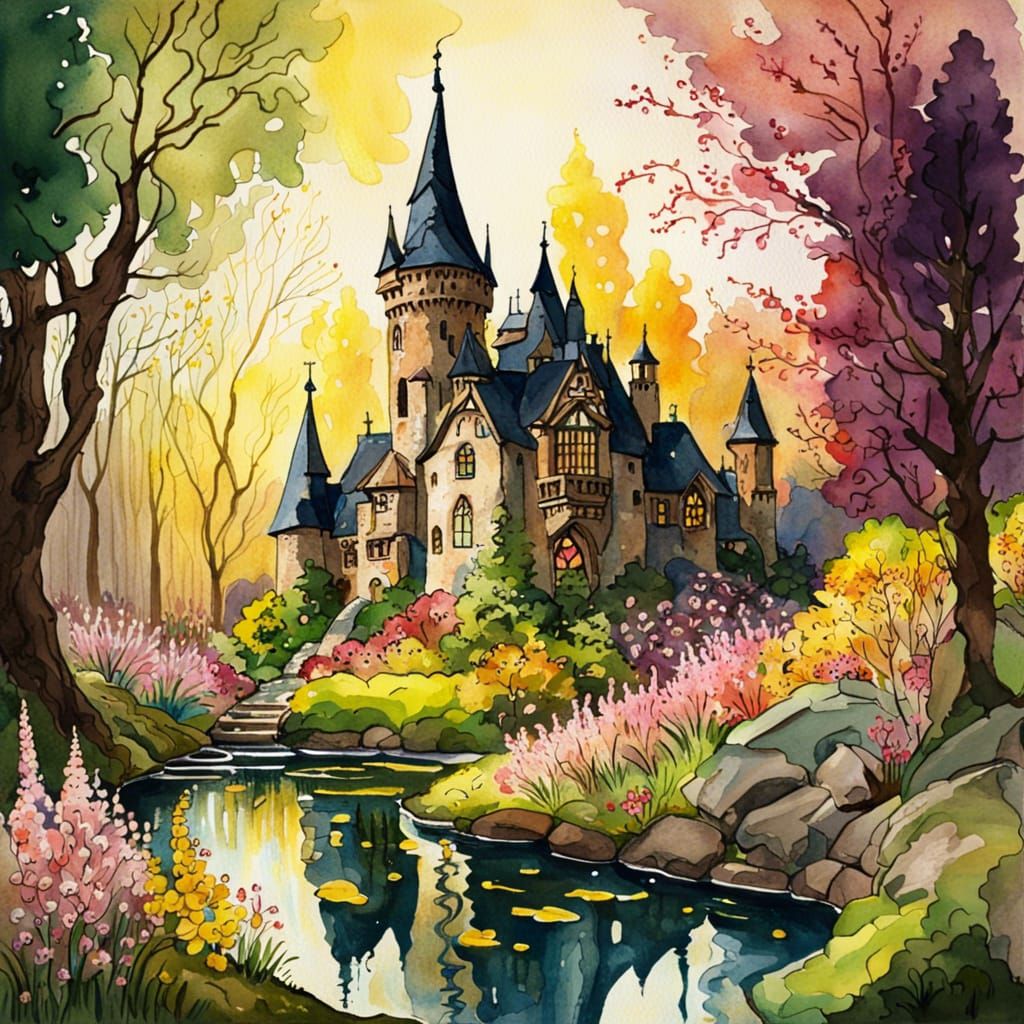 Gothic Fairytale Castle in Spring: Watercolor Art