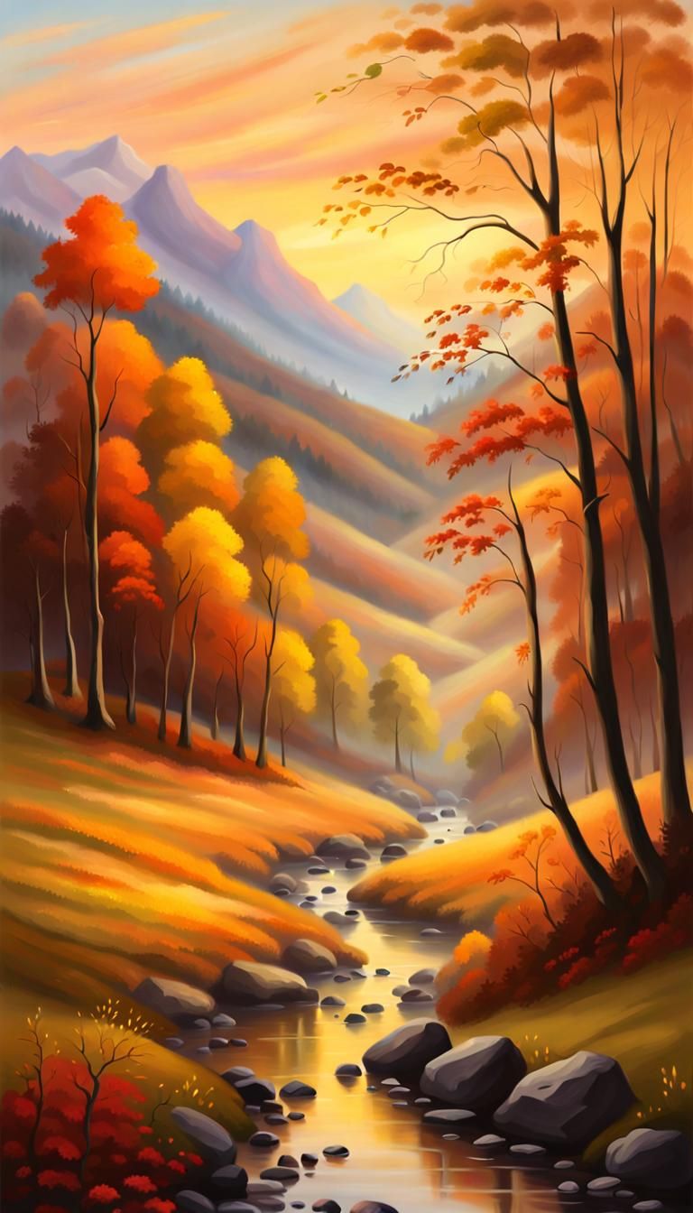 Idyllic Autumn Landscape Painting with Misty Valley