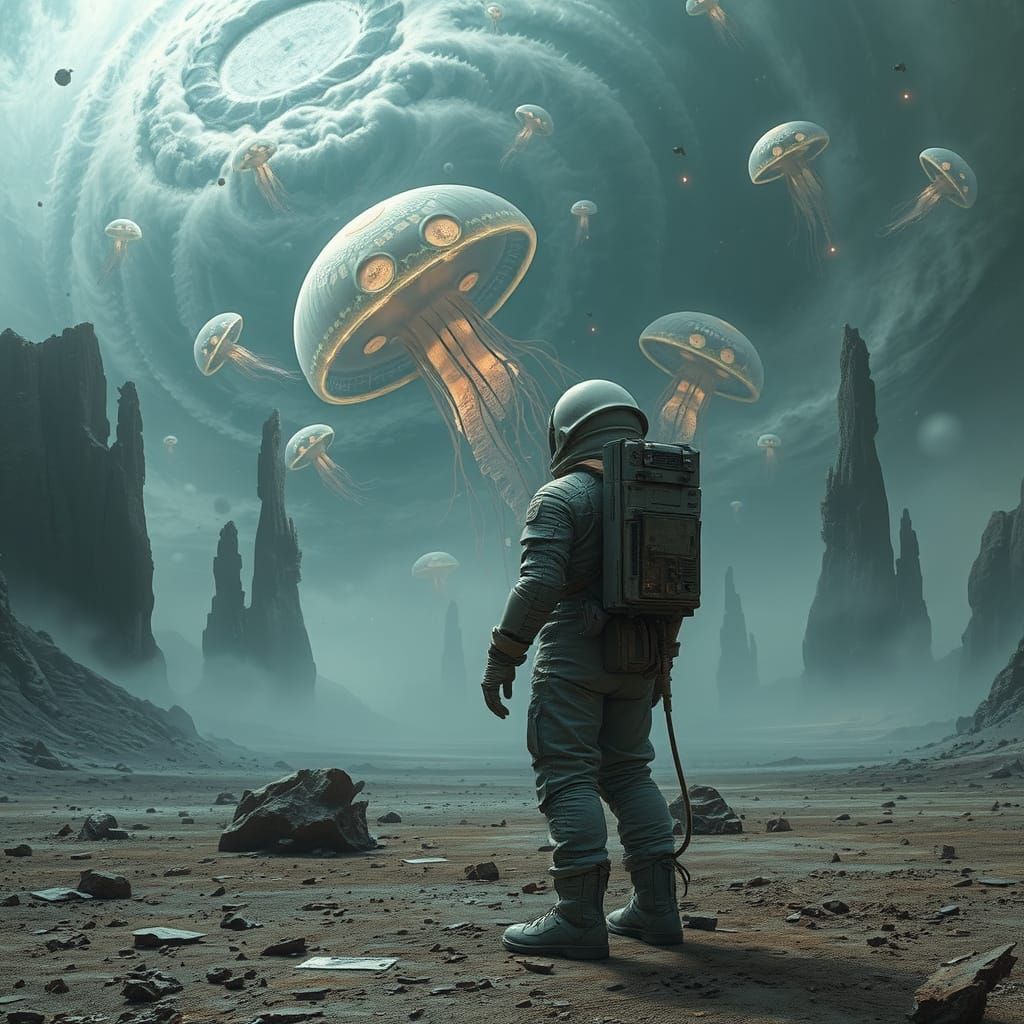 Astronaut on Desolate Planet Gazing at Cosmic Nebula