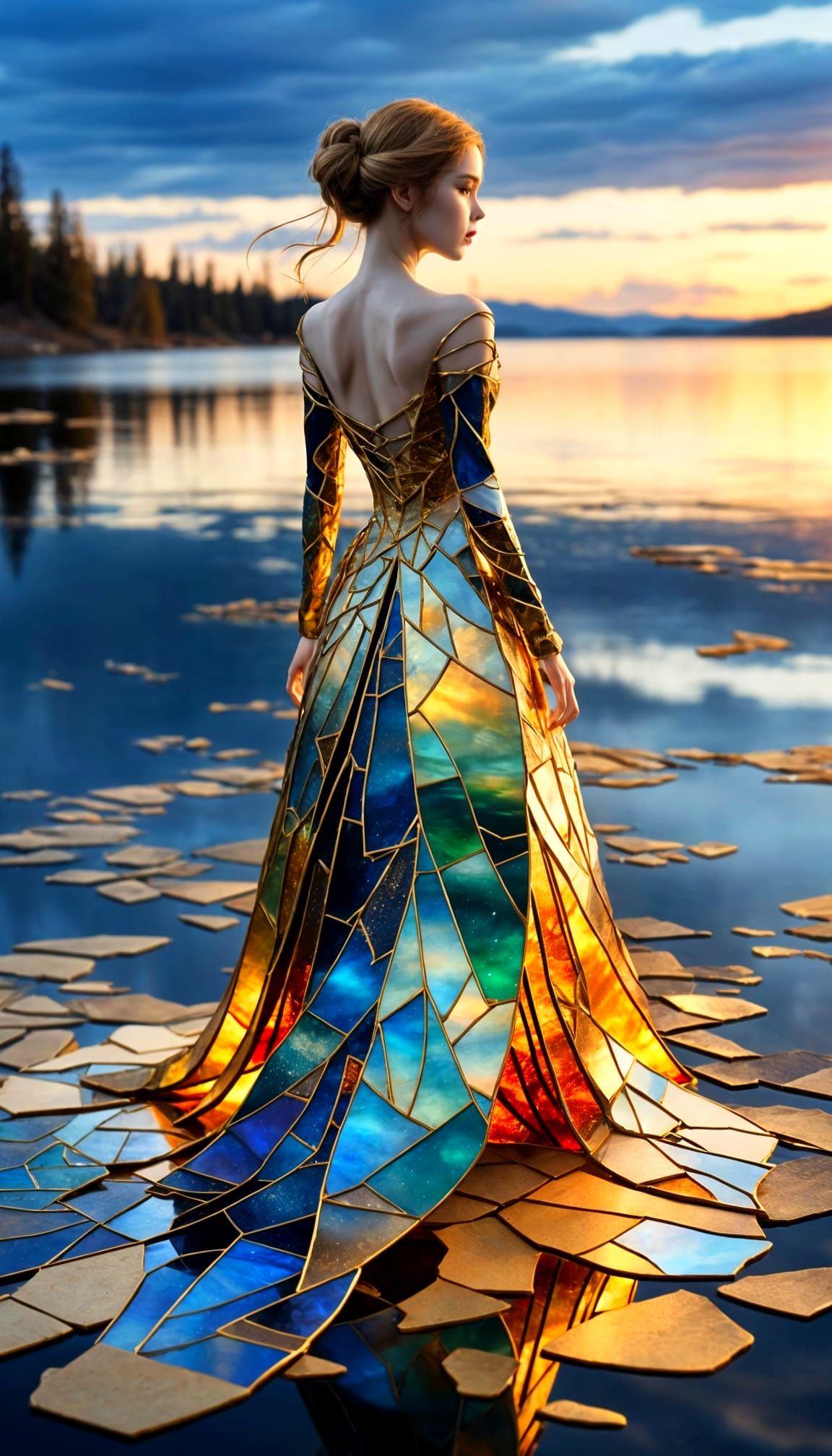 Kintsugi Doll Dances Under Aurora Borealis