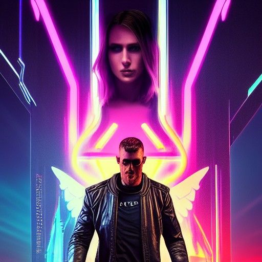 Cyberpunk Angel of Death in Neon Cityscape