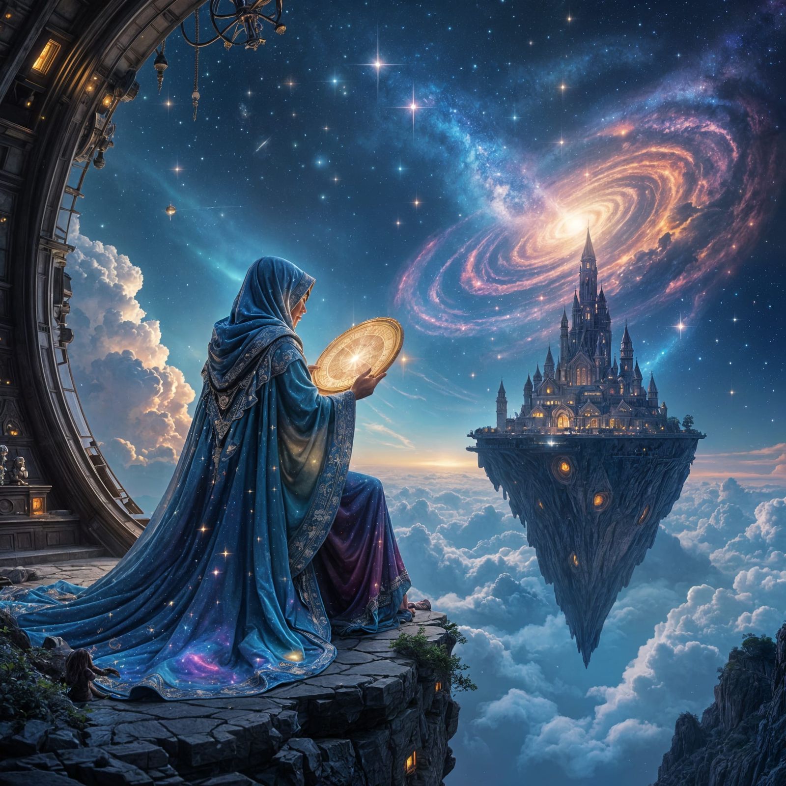 Celestial Navigator Charts Galaxies in Hyper-Fantasy Style