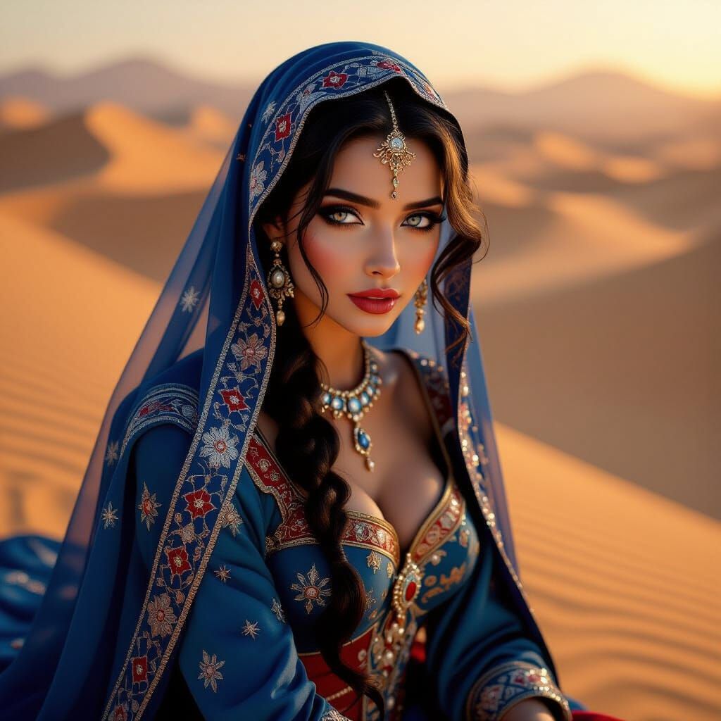 Princess Descending Dune in Oil Painting Style