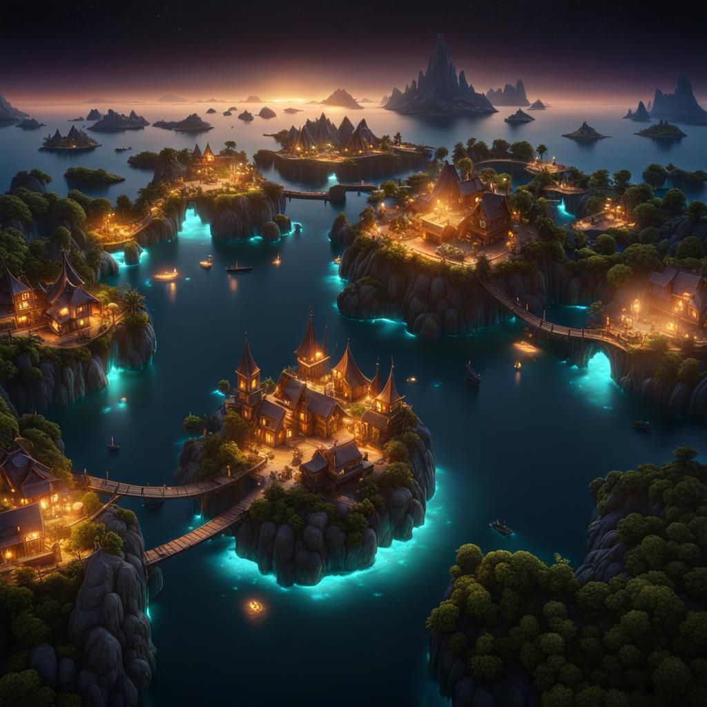Floating Island Villages with Crystalline Glow