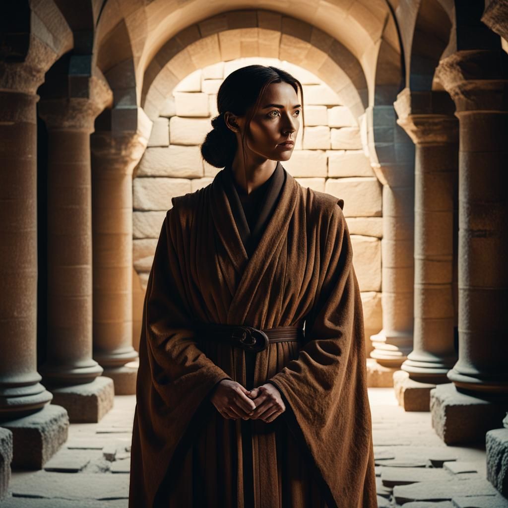 Young Woman as Jedi in Ancient Library: Cinematic Film Still