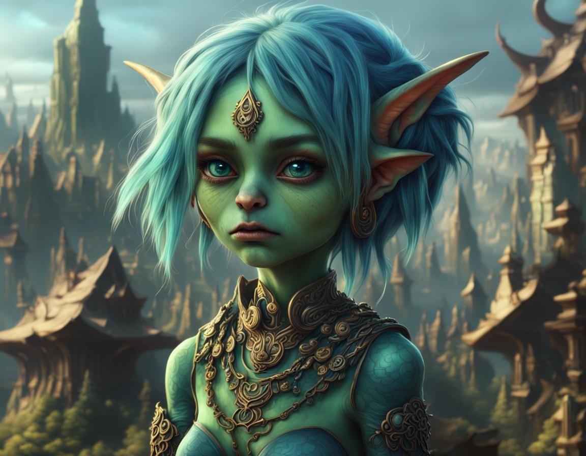 Cute Goblin Girl with Green Skin in Digital Painting