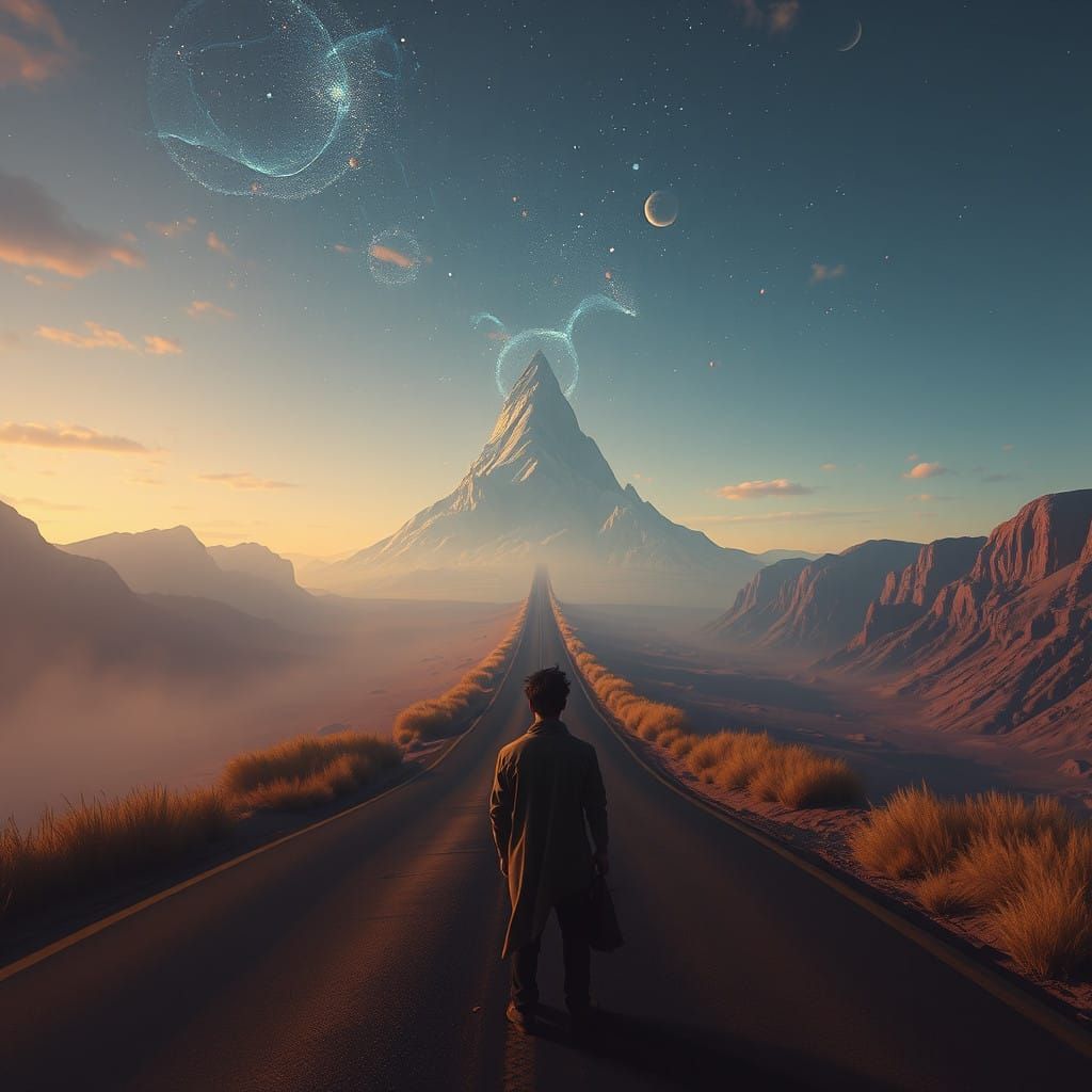 Man Contemplating at a Crossroads in Vibrant Fantasy Landsca...