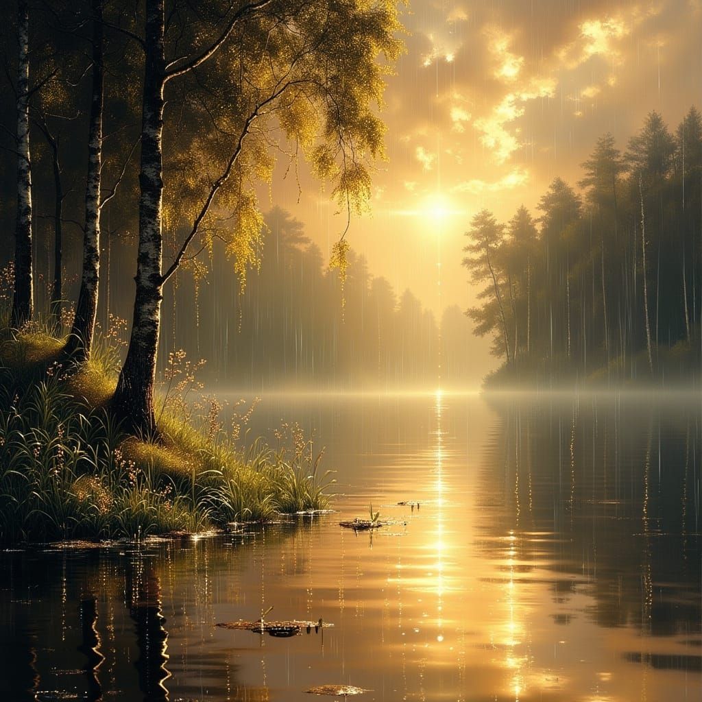 Rain Dimpling Limpid Pool at Dawn: Exquisite Painting